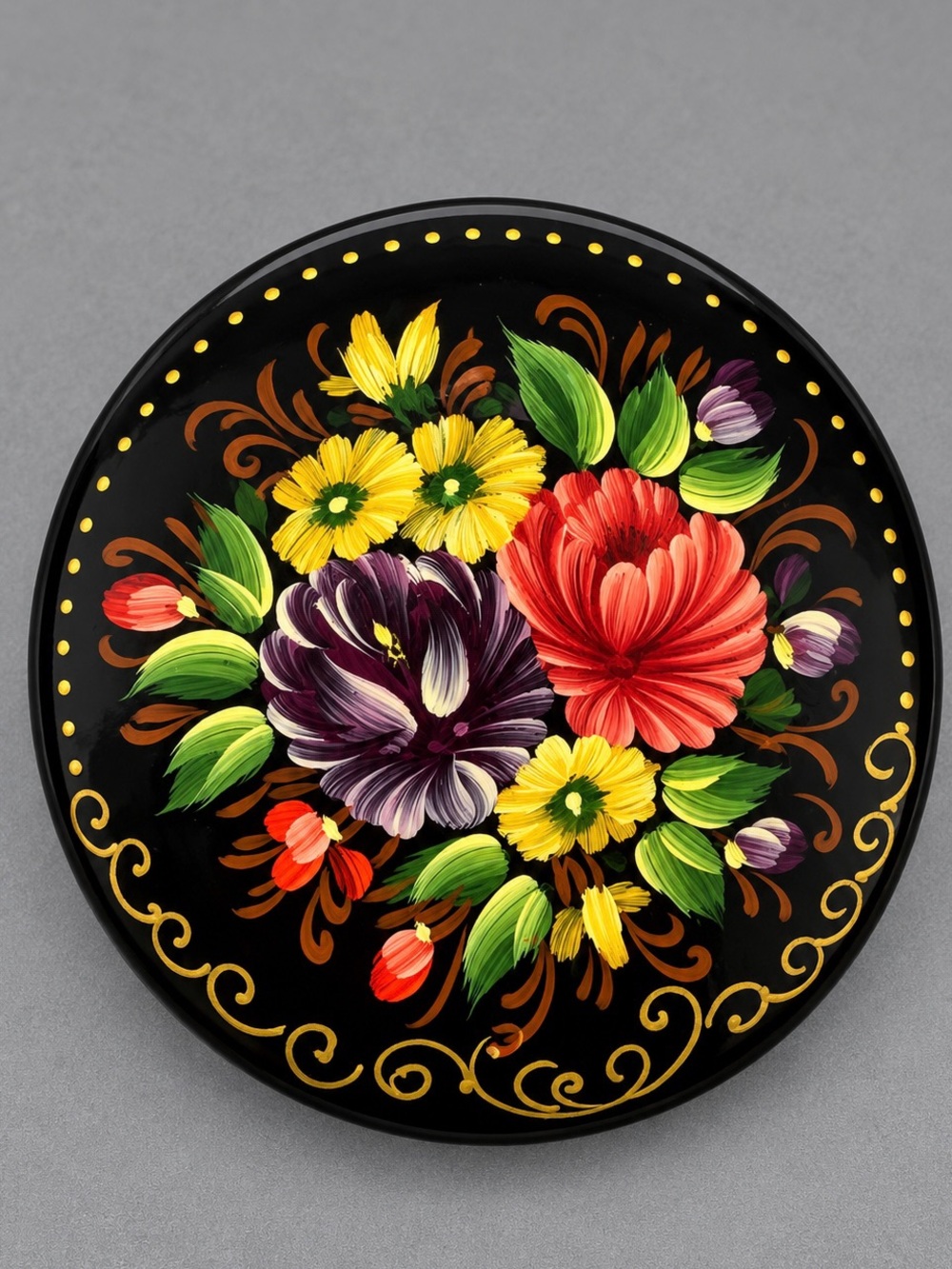 Vintage Russian  Floral Black Brooch in Red, Yellow & Purple #cz188